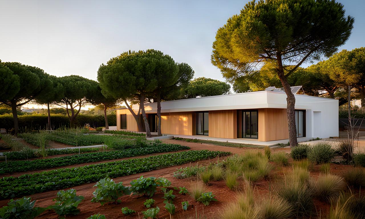 Casa modular de alta eficiencia rodeada de pinos y huerta mediterránea en Valencia