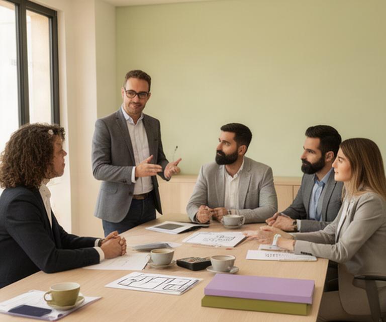 Profesionales de asesoramiento financiero conversando alrededor de una mesa en su oficina de Valencia