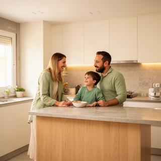 Familia valenciana reunida en una cocina luminosa reformada en Torrent
