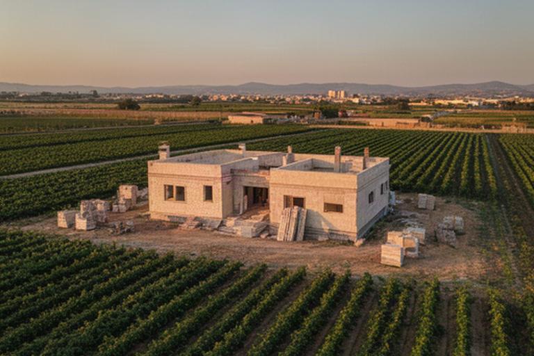 Vivienda unifamiliar en construcción rodeada de huerta valenciana bajo luz de tarde
