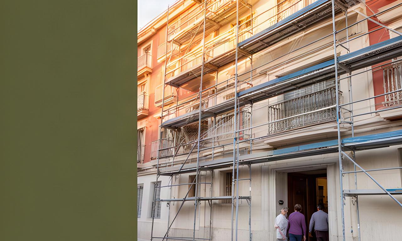 Fachada rehabilitada de un edificio residencial en Valencia con andamios y vecinos entrando al portal