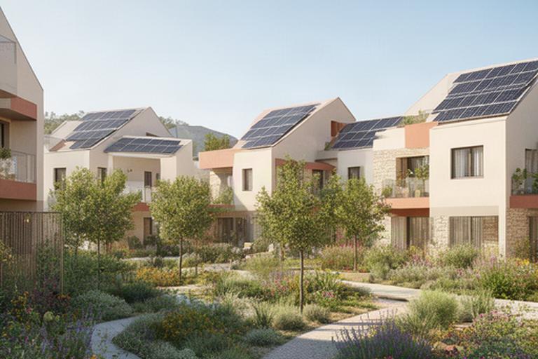 Promoción de viviendas ecológicas con jardines y paneles solares en Paterna, Valencia