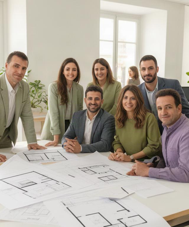 Equipo de Kiko's Fondo reunido en una oficina luminosa de Valencia revisando un proyecto de vivienda